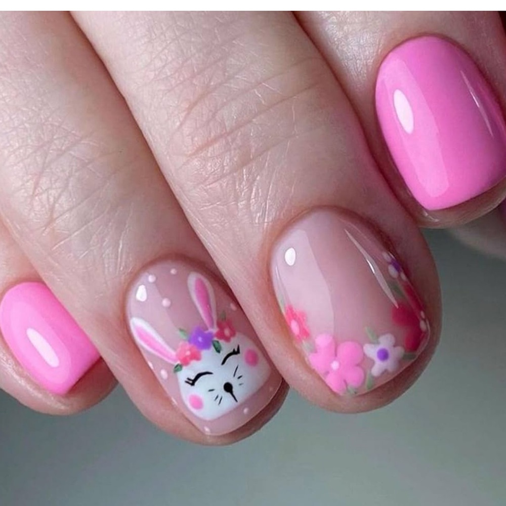 Easter Press on Nails Short Square Pink Fake Nails Full Cover False Nails
